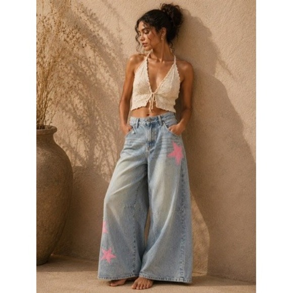 Edikted Denim - Edikted Trish Satin Effect Pink Stars Low Rise Wide Leg Baggy Jean Light Blue XS